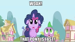 Size: 960x540 | Tagged: safe, edit, edited screencap, screencap, rainbow dash, spike, twilight sparkle, dragon, pegasus, pony, friendship is magic, captain obvious, image macro, meme, turbo