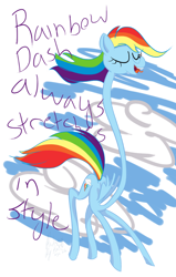 Size: 500x787 | Tagged: safe, artist:mylittlebadzerg, rainbow dash, pegasus, pony, lanky, long pony, rainbow dash always dresses in style, stretchy, wat