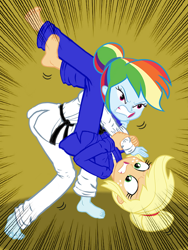 Size: 836x1112 | Tagged: safe, artist:ponymaan, derpibooru import, applejack, rainbow dash, equestria girls, barefoot, black belt, choking, clothes, cropped, feet, fight, gi, grappling, gritted teeth, hatless, judo, martial arts, missing accessory, robe, triangle, trousers