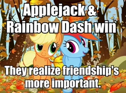 Size: 944x698 | Tagged: safe, derpibooru import, edit, edited screencap, screencap, applejack, rainbow dash, earth pony, pegasus, pony, fall weather friends, autumn, cropped, fixed, friendship, game grumps, image macro, running, running of the leaves