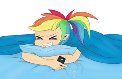 Size: 1024x663 | Tagged: safe, artist:blondedud, derpibooru import, part of a series, part of a set, rainbow dash, human, alternate hairstyle, bed, bedtime, eyes closed, grin, happy, humanized, mp3 player, pillow, ponytail, prone, smiling, solo, the elements of bed-time