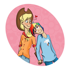 Size: 1384x1451 | Tagged: safe, artist:mentagranizada, derpibooru import, applejack, rainbow dash, appledash, female, heart, holding hands, humanized, lesbian, shipping