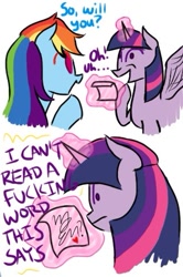 Size: 319x481 | Tagged: safe, artist:spamdinavia, rainbow dash, twilight sparkle, twilight sparkle (alicorn), alicorn, pegasus, pony, dialogue, female, heart, illegible, lesbian, mare, note, paper, shipping, twidash, vulgar