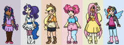 Size: 990x360 | Tagged: safe, artist:royalrasp, derpibooru import, applejack, fluttershy, pinkie pie, rainbow dash, rarity, twilight sparkle, bindi, blackwashing, clothes, corset, goggles, high heels, horned humanization, humanized, india, indian, leg warmers, mane six, pixel art, platform shoes, suspenders, winged humanization