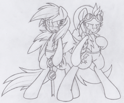 Size: 715x591 | Tagged: safe, artist:dfectivedvice, lightning dust, rainbow dash, pegasus, pony, grayscale, lineart, monochrome, traditional art