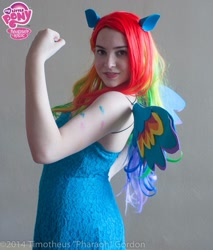 Size: 819x960 | Tagged: safe, artist:lochlan o'neil, rainbow dash, human, cosplay, irl, irl human, photo, rainbow power, solo