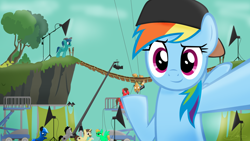 Size: 4464x2512 | Tagged: safe, artist:oinktweetstudios, derpibooru import, quibble pants, rainbow dash, oc, pegasus, pony, stranger than fan fiction, animated actors, backwards ballcap, baseball cap, behind the scenes, bridge, camera, cap, hat, lights, selfie