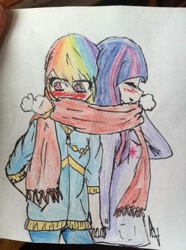 Size: 599x804 | Tagged: safe, artist:sakurasou-ame, rainbow dash, twilight sparkle, human, blushing, clothes, female, holding hands, humanized, lesbian, scarf, shared clothing, shared scarf, shipping, twidash