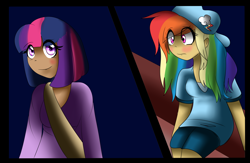 Size: 2300x1500 | Tagged: safe, artist:sunniedoodles, rainbow dash, twilight sparkle, human, blushing, dark skin, female, humanized, lesbian, shipping, twidash