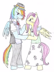 Size: 1540x2050 | Tagged: safe, artist:kagutsuchix, fluttershy, rainbow dash, pegasus, pony, bipedal, blushing, clothes, female, flutterdash, lesbian, shipping, traditional art