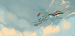 Size: 2000x949 | Tagged: safe, artist:moo, rainbow dash, pegasus, pony, cloud, cloudy, eyes closed, flying, sky, solo, spread wings