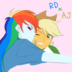 Size: 1000x1000 | Tagged: safe, artist:raika0306, derpibooru import, applejack, rainbow dash, equestria girls, angry, appledash, blushing, female, kiss on the cheek, kissing, lesbian, shipping, tsundere