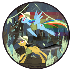 Size: 800x787 | Tagged: safe, artist:starrypon, daring do, rainbow dash, pegasus, pony, flying, rainbow trail