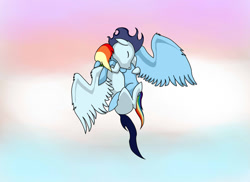 Size: 900x654 | Tagged: safe, artist:b3sea, rainbow dash, soarin', pegasus, pony, blank flank, cute, eyes closed, female, floppy ears, fluffy, flying, hug, male, shipping, soarindash, spread wings, straight