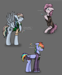 Size: 1280x1551 | Tagged: safe, artist:stuflox, derpibooru import, pinkie pie, rainbow blaze, rainbow dash, earth pony, pegasus, pony, abbé faria, clothes, pinkie faria, rainbow dantes, reference sheet, the count of monte cristo