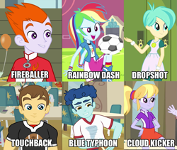 Size: 1001x845 | Tagged: safe, screencap, cloudy kicks, curly winds, heath burns, rainbow dash, some blue guy, teddy t. touchdown, tennis match, equestria girls, equestria girls (movie), athlete, background human, implied cloud kicker, name proposal, one of these things is not like the others