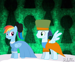 Size: 1024x853 | Tagged: safe, artist:rulette, rainbow dash, soarin', pegasus, pony, alice in wonderland, clothes, cravat, crossover, dress, female, frock caot, mad hatter, male, parody, rainbow dash always dresses in style, shipping, soarindash, straight, top hat