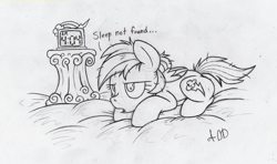 Size: 1347x800 | Tagged: safe, artist:dfectivedvice, rainbow dash, pegasus, pony, 404, clock, grayscale, http status code, insomnia, monochrome, sketch, solo, traditional art