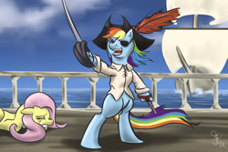 Size: 1800x1200 | Tagged: safe, artist:steveskunk, fluttershy, rainbow dash, pegasus, pony, bipedal, crying, hat, pirate, pirate dash, ship, sword, weapon