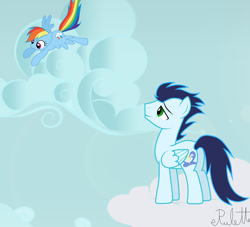 Size: 1024x931 | Tagged: safe, artist:rulette, rainbow dash, soarin', pegasus, pony, cloud, cloudy, female, flying, male, shipping, smiling, soarindash, straight