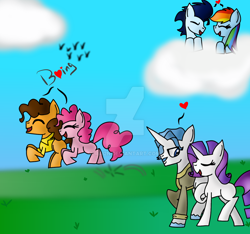 Size: 1024x960 | Tagged: safe, artist:rai2n, derpibooru import, cheese sandwich, fancypants, pinkie pie, rainbow dash, rarity, soarin', earth pony, pegasus, pony, unicorn, cheesepie, male, raripants, shipping, soarindash, straight, watermark