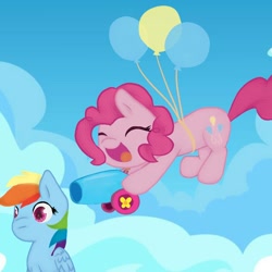 Size: 1000x1000 | Tagged: safe, artist:ttkitty441, derpibooru import, pinkie pie, rainbow dash, earth pony, pegasus, pony, balloon, cloud, miniature, party cannon, then watch her balloons lift her up to the sky, this will end in death and/or a party