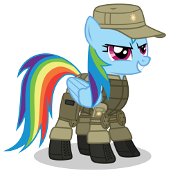 Size: 2080x2080 | Tagged: safe, artist:dolphinfox, rainbow dash, pegasus, pony, armor, baseball cap, boots, clothes, hat, military, simple background, solo, svg, transparent background, vector