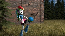 Size: 4096x2304 | Tagged: safe, artist:oc1024, derpibooru import, rainbow dash, equestria girls, 3d, absurd resolution, ball, boots, brick wall, building, clothes, compression shorts, football, grass field, raised leg, scenery, shorts, skirt, skirt lift, socks, solo, source filmmaker, wristband