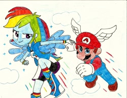 Size: 1024x791 | Tagged: safe, artist:ramos64, rainbow dash, equestria girls, cloud, cloudy, flying, mario, nintendo, super mario bros., traditional art