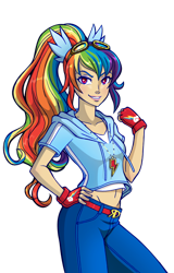 Size: 800x1253 | Tagged: safe, artist:sparks220stars, derpibooru import, rainbow dash, human, belly button, belt, clothes, fingerless gloves, gloves, goggles, hoodie, humanized, midriff, pants, simple background, solo, transparent background
