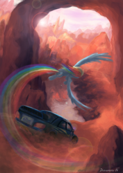 Size: 900x1273 | Tagged: safe, artist:drawirm, rainbow dash, pegasus, pony, car, flying, race, rainbow trail, solo, subaru, subaru impreza, trail