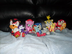 Size: 900x675 | Tagged: safe, artist:missluckychan29, derpibooru import, applejack, fluttershy, pinkie pie, rainbow dash, rarity, amy rose, crossover, irl, knuckles the echidna, miles "tails" prower, photo, plushie, shadow the hedgehog, sonic the hedgehog, sonic the hedgehog (series), toy