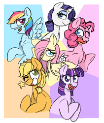 Size: 1000x1187 | Tagged: safe, artist:melodysuniverse, derpibooru import, angel bunny, applejack, fluttershy, pinkie pie, rainbow dash, rarity, twilight sparkle, earth pony, pegasus, pony, unicorn, grin, mane six, one eye closed, open mouth, smiling, wink