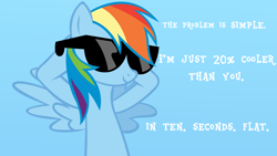 Size: 1600x900 | Tagged: safe, artist:lifetimebrony, derpibooru import, rainbow dash, pegasus, pony, 10 seconds flat, 20% cooler, meme, quote, simple background, solo, sunglasses, vector, wallpaper