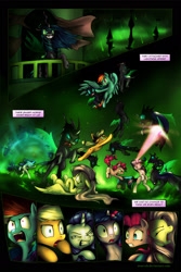 Size: 1280x1920 | Tagged: safe, artist:zoarvek, derpibooru import, applejack, fluttershy, pinkie pie, queen chrysalis, rainbow dash, rarity, twilight sparkle, changeling, changeling queen, earth pony, pegasus, pony, unicorn, comic:the conquering of love, fanfic:the conquering of love, a canterlot wedding, canterlot, comic, eyes closed, fanfic, fanfic art, female, fight, implied anal, implied horn impalement, implied horn penetration, implied injury, implied sex, magic, mane six, mare, party cannon, swirly eyes, tongue out, uppercut, wide eyes, x eyes