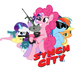 Size: 999x970 | Tagged: safe, artist:synch-anon, derpibooru import, applejack, fluttershy, pinkie pie, rainbow dash, rarity, twilight sparkle, earth pony, pegasus, pony, unicorn, ar15, aug, crossover, five-seven, glasses, gun, magic, p90, pistol, rifle, sin city, submachinegun