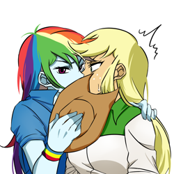 Size: 1000x1000 | Tagged: safe, artist:raika0306, derpibooru import, applejack, rainbow dash, equestria girls, appledash, blushing, female, kissing, lesbian, pixiv, shipping