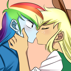 Size: 1000x1000 | Tagged: safe, artist:raika0306, derpibooru import, applejack, rainbow dash, equestria girls, appledash, blushing, eyes closed, female, freckles, kissing, lesbian, pixiv, shipping