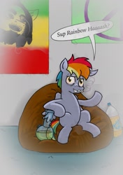 Size: 1079x1536 | Tagged: safe, artist:kill joy, rainbow blaze, rainbow dash, pegasus, pony, bob marley, bong, drugs, high, marijuana, nerd, poster, pot, rainbow hash, red eyes, solo, stoner