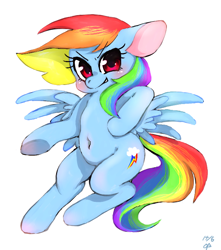 Size: 600x680 | Tagged: safe, artist:kyubi, rainbow dash, pegasus, pony, belly button, pixiv, solo, underhoof