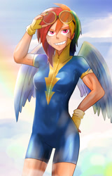 Size: 1917x3000 | Tagged: safe, artist:chika_rosio, rainbow dash, human, goggles, humanized, solo, winged humanization, wonderbolt trainee uniform