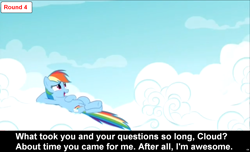 Size: 1600x973 | Tagged: safe, rainbow dash, pegasus, pony, comic:celestia's servant interview, caption, cs captions, female, interview, mare, solo