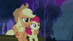 Size: 500x281 | Tagged: safe, derpibooru import, edit, edited screencap, screencap, apple bloom, applejack, rainbow dash, earth pony, pegasus, pony, sleepless in ponyville, animated, butts, female, filly, frown, gif, grin, hug, looking at her butt, looking back, mare, open mouth, plot, reaction image, smiling, soon, surprised, talking, wide eyes