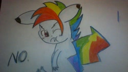 Size: 1024x576 | Tagged: safe, artist:macroscopicponies, rainbow blitz, rainbow dash, pikachu, pikablitz, rule 63, solo, species swap, traditional art, upset