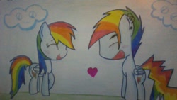 Size: 1191x670 | Tagged: safe, artist:macroscopicponies, rainbow blitz, rainbow dash, pegasus, pony, blushing, dashblitz, derp clouds, female, heart, laughing, male, rule 63, self ponidox, selfcest, shipping, straight, traditional art