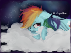 Size: 1610x1210 | Tagged: safe, artist:silky-cotton, rainbow dash, pegasus, pony, cloud, cloudy, solo