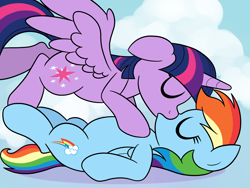 Size: 2000x1500 | Tagged: safe, artist:drawponies, artist:stellarsynthesis, rainbow dash, twilight sparkle, twilight sparkle (alicorn), alicorn, pegasus, pony, collaboration, couple, eyes closed, female, kissing, lesbian, mare, on back, shipping, twidash