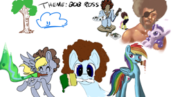 Size: 1920x1080 | Tagged: safe, artist:ailynd, artist:brainflowcrash, artist:cutepencilcase, artist:living_dead, artist:strangersaurus, derpibooru import, derpy hooves, rainbow dash, rarity, pegasus, pony, unicorn, bob ross, drawpile disasters, eyepatch, female, happy little trees, mare, paintbrush, painting, sparkles, tree, wig