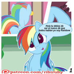 Size: 1280x1280 | Tagged: safe, artist:ribiruby, derpibooru import, rainbow dash, pegasus, pony, comic:a gift for dash, comic, dialogue, dock, door, female, knocking, looking at you, mare, patreon, patreon logo, show accurate, solo, spanish, translated in the comments