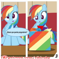 Size: 1280x1280 | Tagged: safe, artist:ribiruby, derpibooru import, rainbow dash, pegasus, pony, comic:a gift for dash, comic, dialogue, dock, female, mare, patreon, patreon logo, present, show accurate, sitting, sofa, solo, spanish, translated in the comments